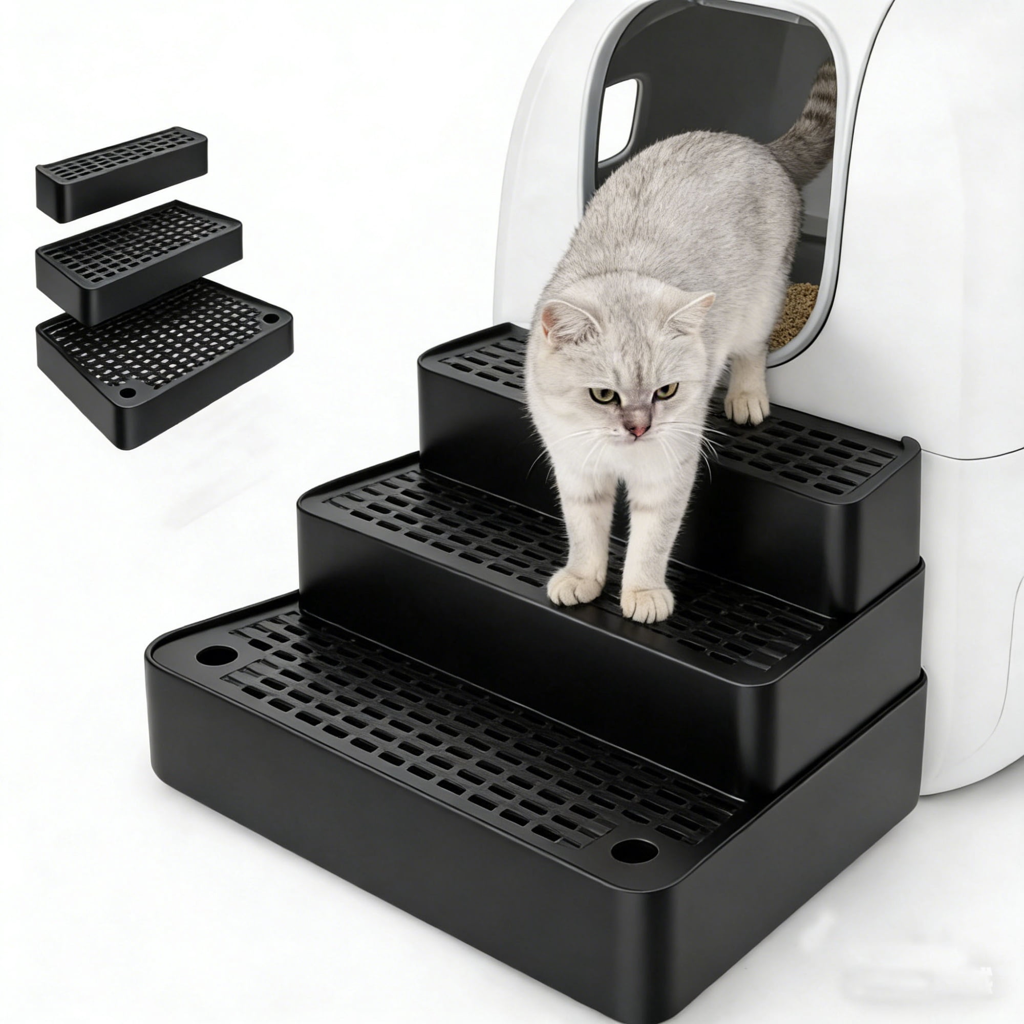 Adjustable 3 Steps Litter Box Ramp with Detachable Litter Trapper,Non ...