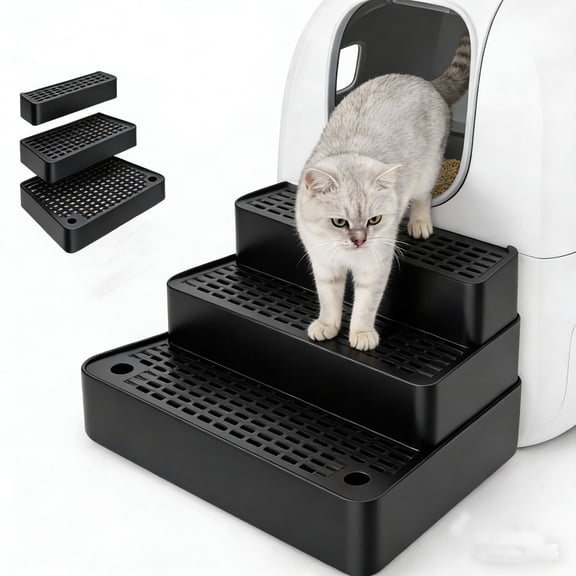 Adjustable 3 Steps Litter Box Ramp with Detachable Litter Trapper,Non-Slip Easy Clean Cat Litter Stair for Small & Elderly Cats,Litter Box Ramp with Filter Function.