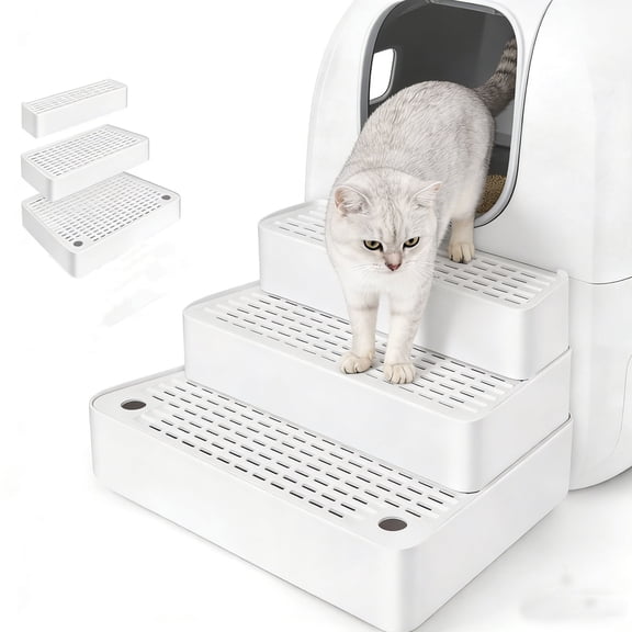 Adjustable 3 Steps Litter Box Ramp with Detachable Litter Trapper,Non-Slip Easy Clean Cat Litter Stair for Small & Elderly Cats,Litter Box Ramp with Filter Function.