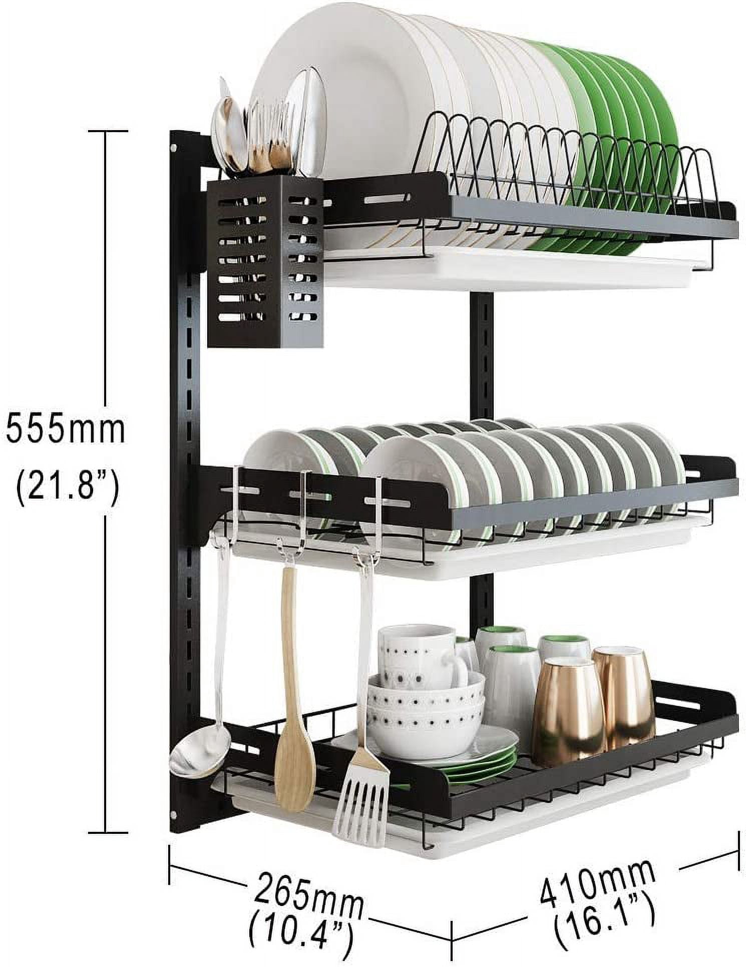 Junyuan Hanging Dish Drying Rack Wall Mount, 3 Tier Kitchen Plate Organizer Storage Shelf with Drain Tray, Stainless Steel Black