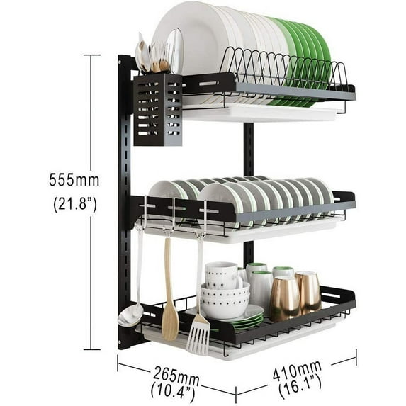 Adjustable 3 Tier Dish Drying Rack Wall Mount, Stainless Steel Black Kitchen Plate Organizer with Drain Tray and Hooks
