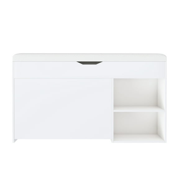 Adjustable 3-Tier Flip-Up Shoe Bench with Hidden Cabinet, White