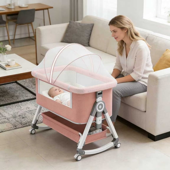 Adjustable 3-in-1 Bedside Bassinet for Newborn, Rocking Baby Crib with Lockable Wheels, Mosquito Net, Thick Mattress and Underbed Storage Basket