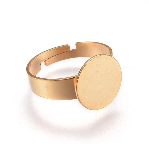 Adjustable 304 Stainless Steel Finger Rings Components Pad Ring Base Findings Flat Round Real 24K Gold Plated Size 7 17mm Tray: 12mm