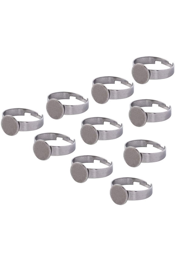 Adjustable 304 Stainless Steel Finger Rings Components Pad Ring Base Findings Flat Round Stainless Steel Color Tray: 10mm Size 7 17mm 10pcs/box