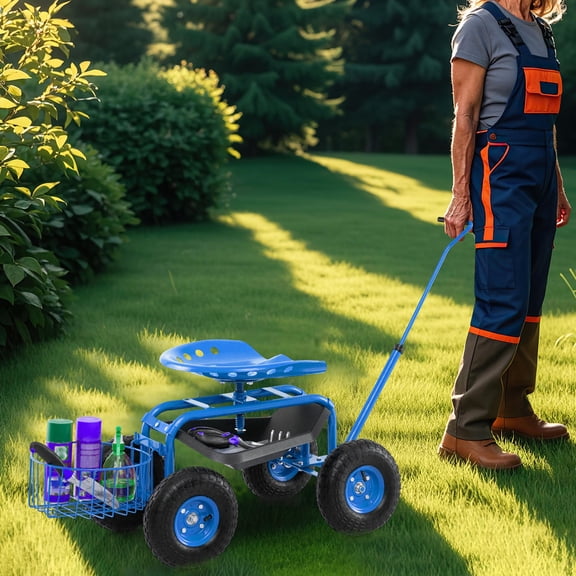 Adjustable 360 Rotation Garden Scooter Cart with Inflatable Wheels, Blue Rolling Wagon with Storage Basket & Tool Tray