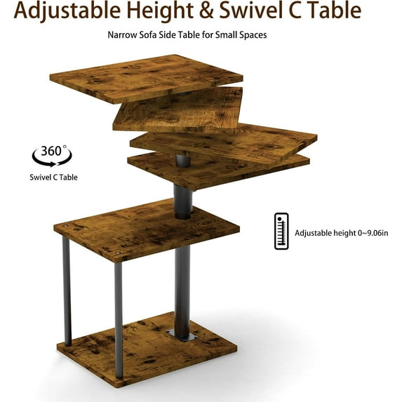 Adjustable 360° Swivel Side Table for Couch, Height Adjustable C Shaped End Table with Storage Shelf for Living Room, Bedroom, Small Spaces