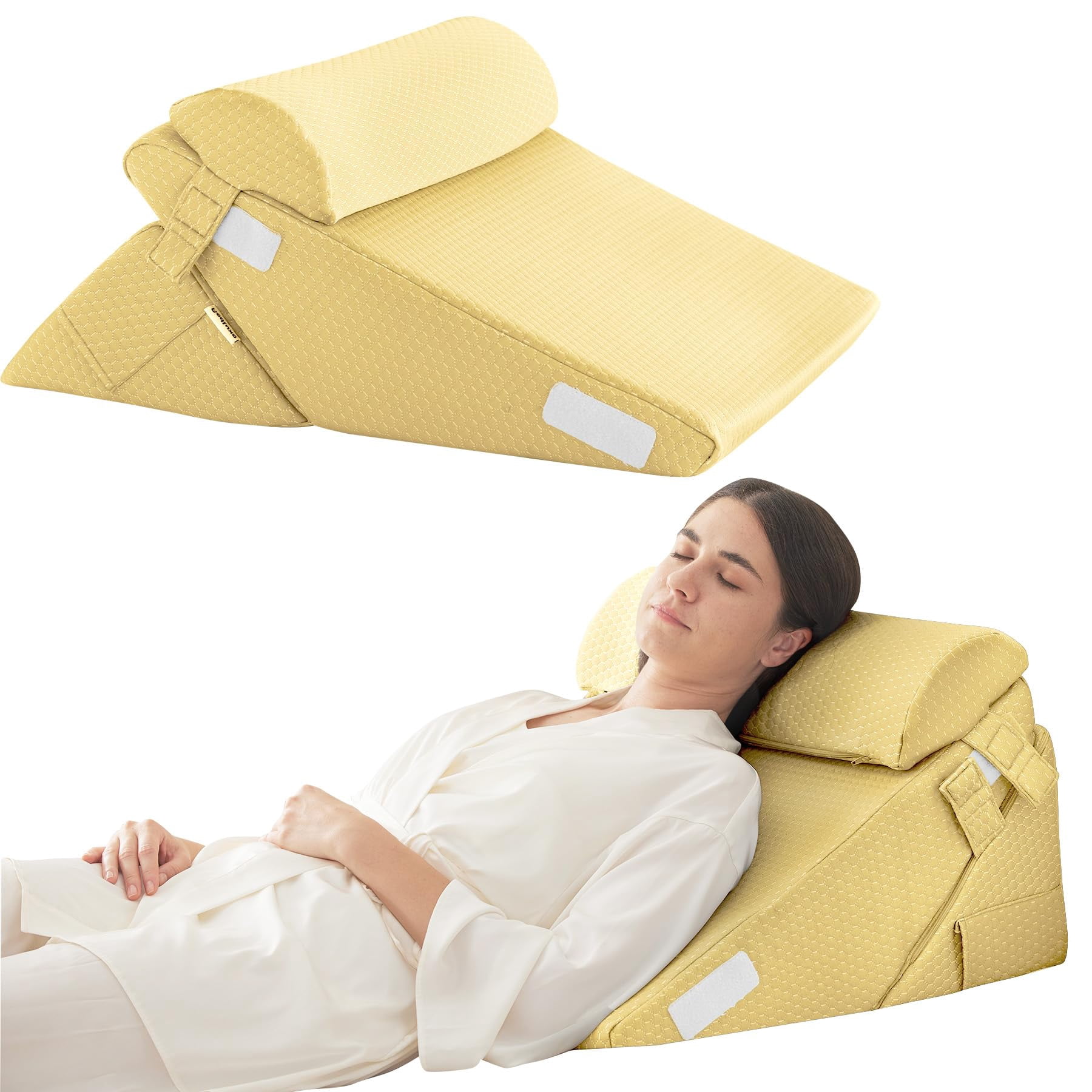Adjustable 3pcs Bed Wedge Pillow Set  Memory Foam Pillows For Neck Leg Sleeping Sitting Up In Acid Reflux And Beige Yellow