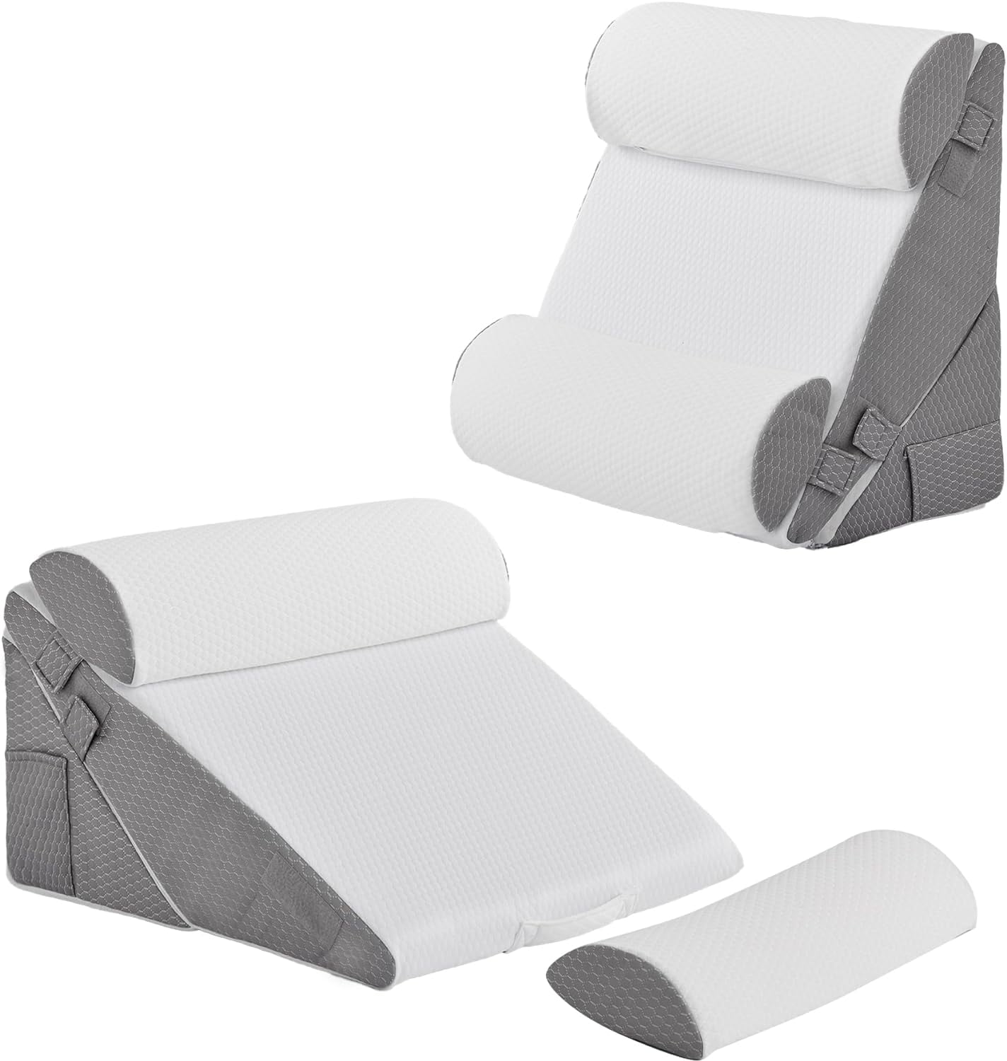 Adjustable 4-Piece Memory Foam Bed Wedge Pillow Set for Back, Neck, Leg Pain Relief, Sleeping, Sitting Up, Acid Reflux and GERD, White and Grey