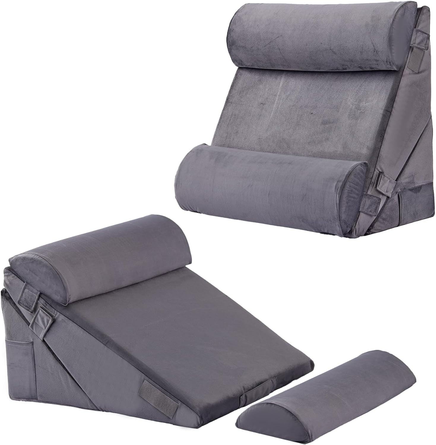 Adjustable 4-Piece Memory Foam Bed Wedge Pillow Set for Back, Neck, Leg Pain Relief, Sleeping, Sitting Up, Acid Reflux and GERD, White and Grey