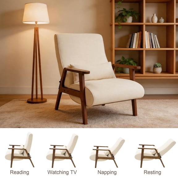 CoVibrant Adjustable Reclining Accent Chair, 4-Position Lounge Chair with 8.66" Ultra Thick Cushion & Waist Support Pillow for Living Room Bedroom, Beige