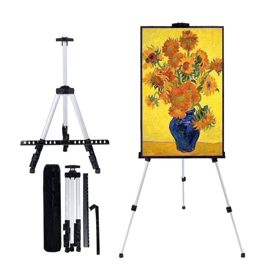 MXG Portable Display Painting Easel Stand,17-61 Inch Height Adjustable Aluminum Art Easel with Bag for Tabletop & Floor Drawing or Displaying,Silvery