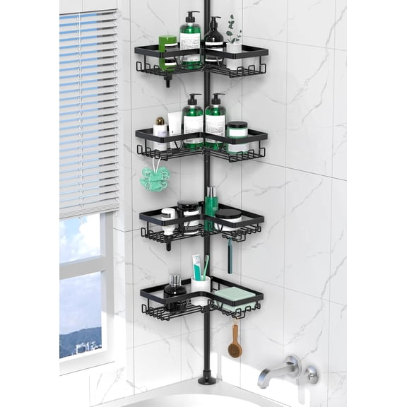 Adjustable 4 Tier Stainless Steel Corner Shower Caddy Tension Pole - Rustproof Bathroom Shower Organizer Shelves for Bathtub, Black, Fits 25-114.2 Inch Poles