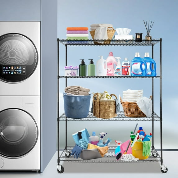 Adjustable 4-Tier Wire Shelving Unit on Wheels, Heavy-Duty Carbon Steel Storage Rack, Modern Design for Home, Kitchen, or Office Use