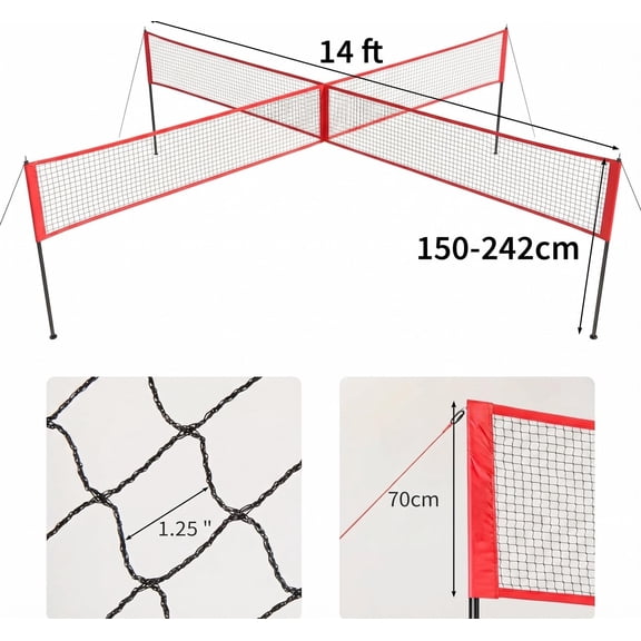 Adjustable 4-Way Volleyball Net Set 14FT  Portable Four Square Game, PE Net, Iron Frame, Ball, Pump, Hammer, Carry Bag  Outdoor Backyard, Lawn, Beach Family Play  Black-Red