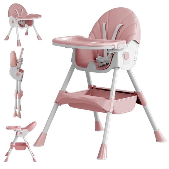 Adjustable 4-in-1 Convertible Baby High Chair, Pink and White, Double-Layered Tray with Game Board, BPA-Free Food Grade Material, Portable with Wheels