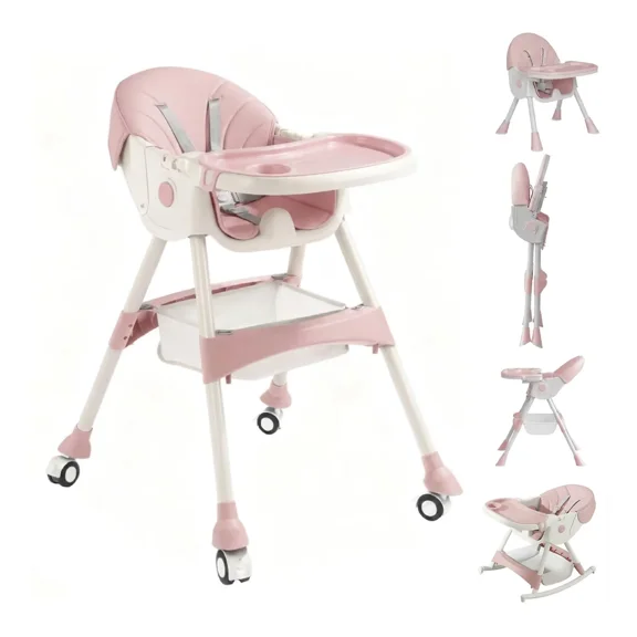 Halicool Adjustable 6-in-1 Convertible Baby High Chair, Pink and White, Double-Layered Tray with Game Board, BPA-Free Food Grade Material, Portable with Wheels