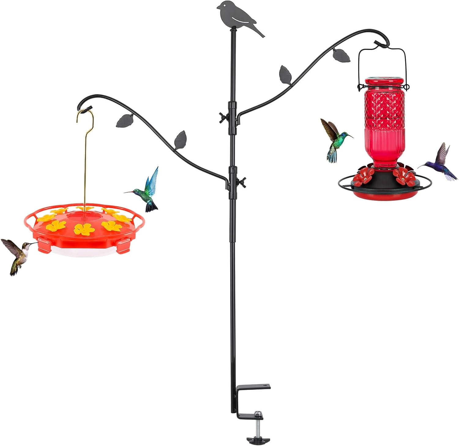 Adjustable 42 Inch Deck Bird Feeder Pole with Multiple Hooks, Heavy Duty Steel, Detachable and Stable Support for Outdoor Bird Feeders and Plant Hangers