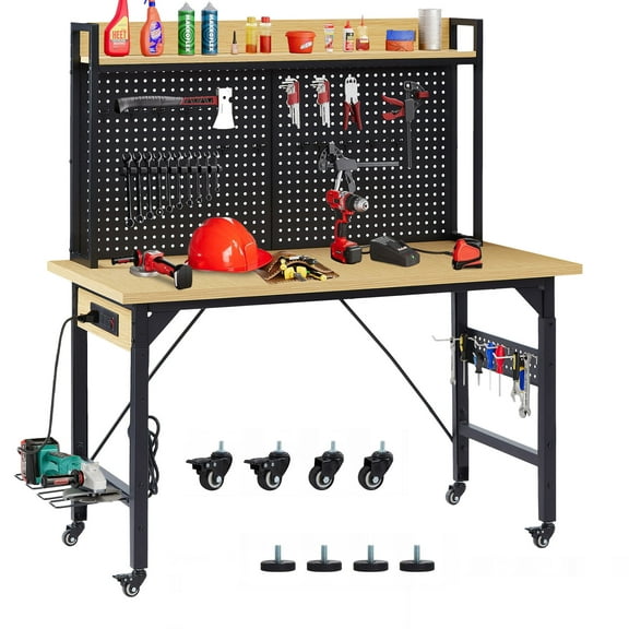 Adjustable 48 Inch Heavy Duty Wooden Workbench with Pegboard and Wheels, 1600 lb Load Capacity for Home Garage