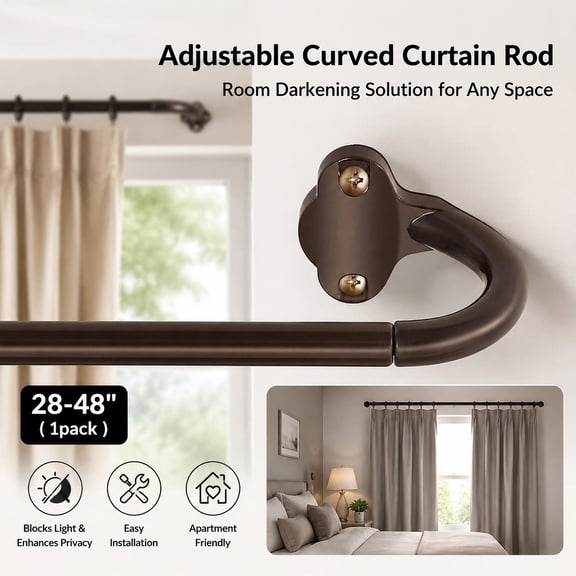 Adjustable 5/8 Inch Bronze Wrap Around Curtain Rod, Room Darkening Curved Drapery Rod for Bedroom Kitchen, Easy Install, Antique Brown 28-48