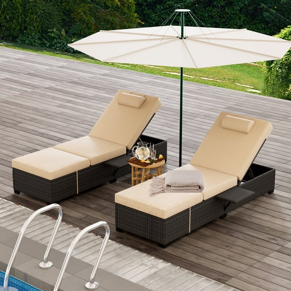 Adjustable 5-Position Backrest Comfort – Outdoor PE Wicker Chaise Lounge Chairs, Set of 2 – Removable Tabletop & Cushions – Reclining Patio Pool Lounger – Ideal for Sunbathing, Backyard Furniture
