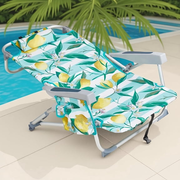 Adjustable 5-Position Lightweight Beach Chair with Aluminum Frame and Storage, Lemon