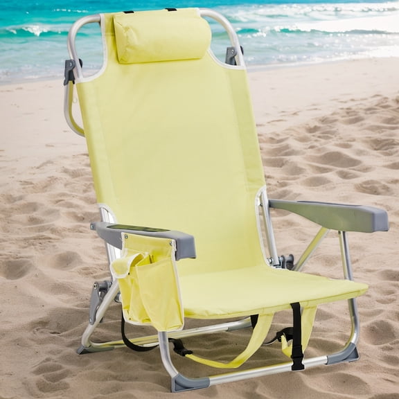 Adjustable 5-Position Lightweight Beach Chair with Aluminum Frame and Storage, Yellow