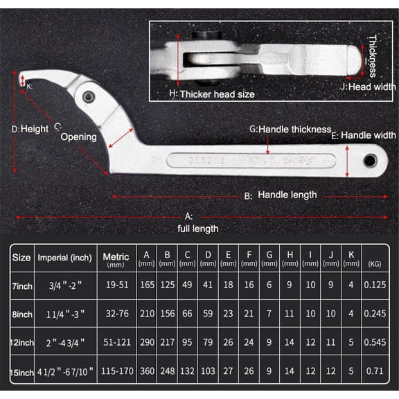 Adjustable 7" Hook Wrench Spanner Square Head 3/4"-2" Motorcycle Suspension Tool