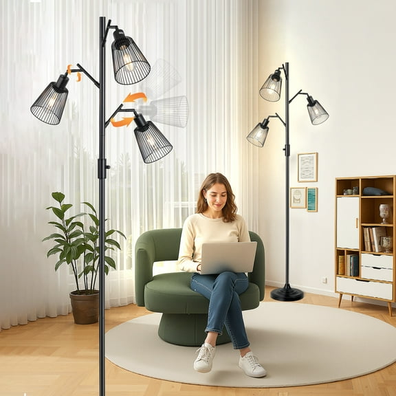 Adjustable 70" Dimmable Floor Lamp Head,3600LM LED Bulbs Included,BAYSQUIRREL Industrial Farmhouse Standing Tree Floor Lamps with Elegant Cage Tall Lamps for Living Room Bedroom Study Office Dining