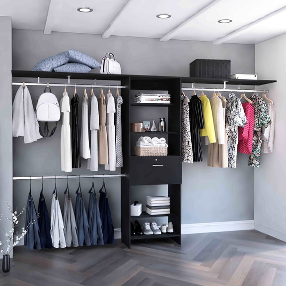 Adjustable 70"w To 118"w Closet With 1 Drawer, 4 Hanging Rods, And 5 Black Shelves System -