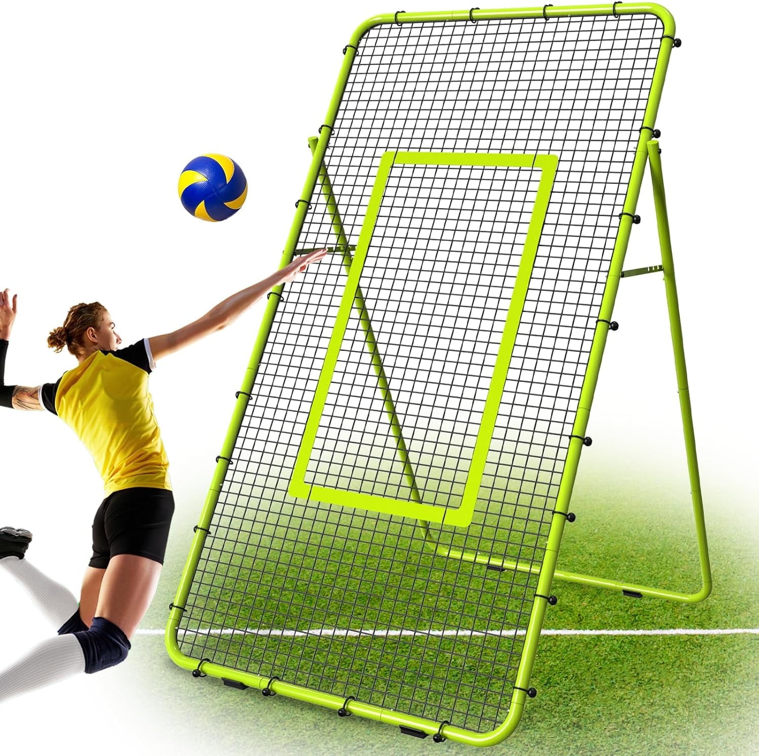 Adjustable 7x4 FT Sports Rebounder Net – Volleyball, Soccer, Baseball & Tennis Training Equipment for Backyard, Portable Hitting & Serving Practice，Green
