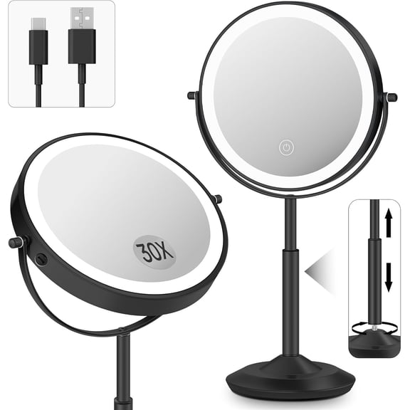 Adjustable 8" Vanity Mirror, 1X/30X Magnification, 3 LED Lights, Rechargeable