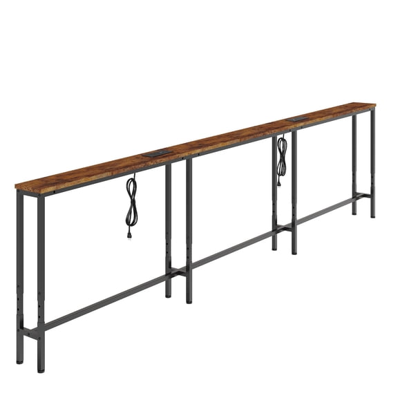 Adjustable 86.6", 102.7" or 110.2" Narrow Sofa Table Behind Couch with USB Charging Station - Industrial Rustic Brown & Black Console for Small Spaces, Hallway Entryway