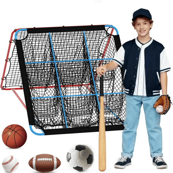 Adjustable 9-Zone Pitchback Rebounder Net - 5x4 FT Baseball Softball Trainer with Strike Zone Targets for Hitting, Fielding, Throwing & Pitching Practice, black