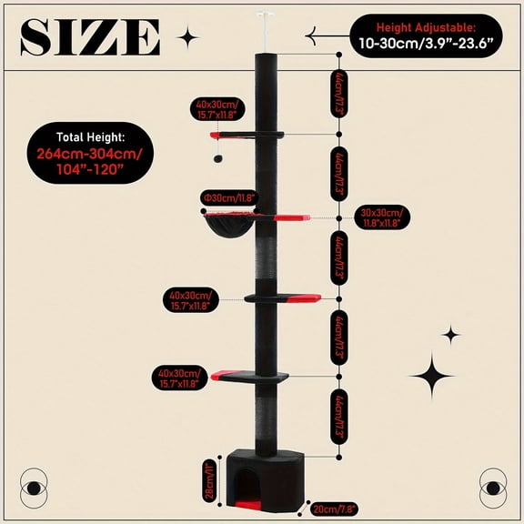 Adjustable 90-108" Floor To Ceiling Cat Tree, 5 Levels Cat Tower For Indoor Cats, 5 Tiers Black Gothic Cat Condo With Cozy Hammock, Fully Scratching Posts And Dangling Balls