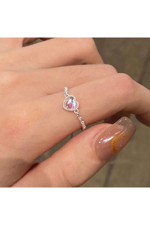 Adjustable 925 Sterling Silver Chain Finger Rings with Heart AB Color Glass Rhodium Plated Platinum Inner Diameter: 16~19mm