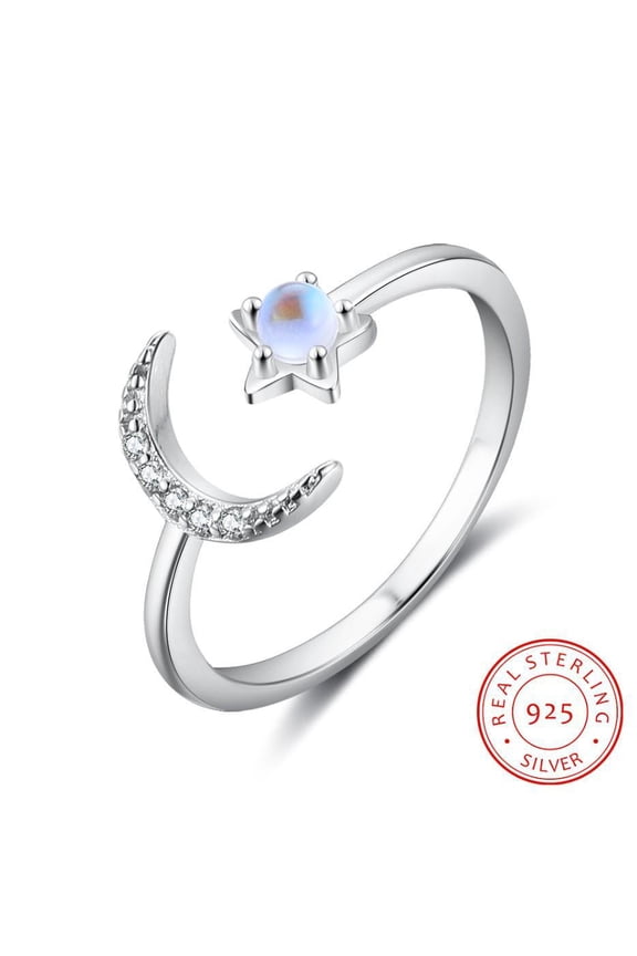 Womens Adjustable 925 Sterling Silver Ring with Diamond Moon and Moonstone Star Design Individually Packed Holiday Gift Fashion Jewelry