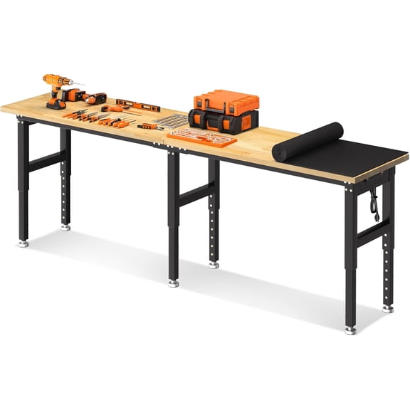 Adjustable 96 In Heavy-Duty Computer Workbench Desk with Rubber Wood Top 5500 lb Capacity Dual Power Outlets and Pegboard Storage