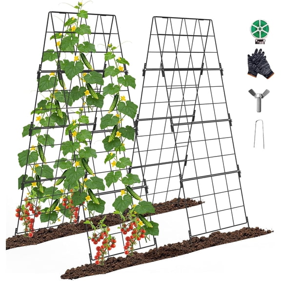 Adjustable A-Frame Garden Trellis for Climbing Plants, 48"x32", Metal Grid Design, Black, 2 Pieces