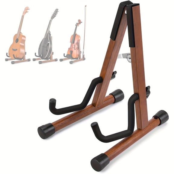 Adjustable A-Frame Guitar Stand, Solid Wood Folding Floor Stand for Acoustic, Electric, Ukulele, Walnut Finish