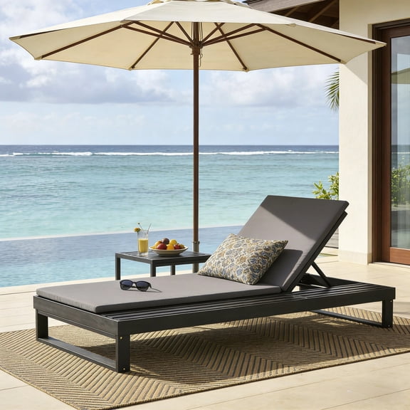 Adjustable Acacia Wood Chaise Lounge with 1.57-Inch Thick Cushion, 4-Position Reclining Backrest & Flat Side Surface, for Poolside Patio Deck, Black/Dark Gray