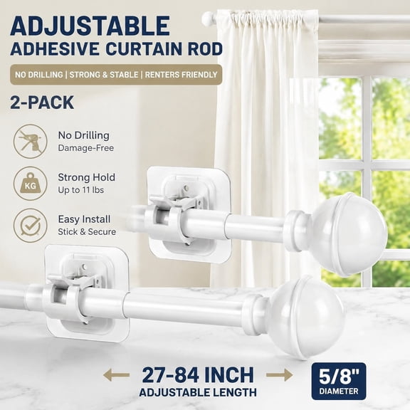 Adjustable Adhesive Curtain Rod No Drilling 27-56", Renters Friendly, Screwless Apartment Window Rods with Stick-On Bracket Holder, 2-Pack