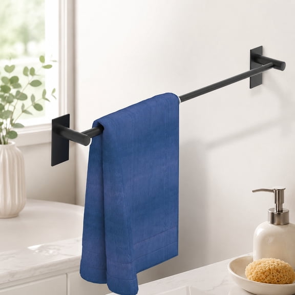Adjustable Adhesive Towel Bar, Economical Self Stick Towel Holder, 12 to 22 Inch Towel Rack, Matte Black Single Towel Rod for Kitchen and Bathroom