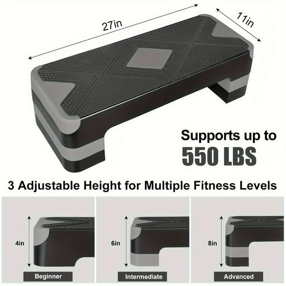Adjustable Workout Aerobic Stepper in Fitness & Exercise Step Platform Trainer 3 Settings Adjustable Height 4"-6"-8"