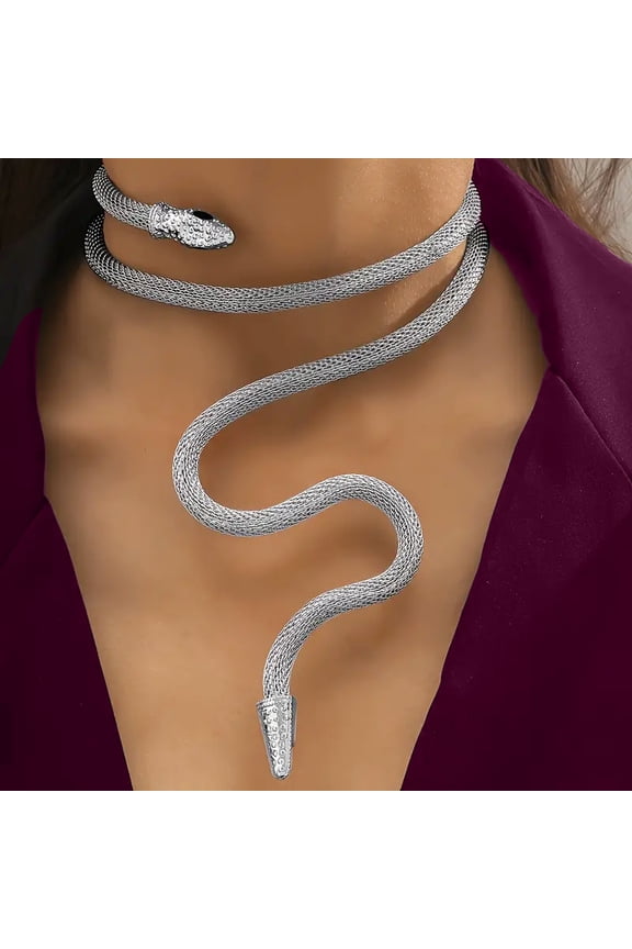 Adjustable Alloy Jet Rhinestone Snake Cuff Choker Necklaces Wrap Necklaces for Women Platinum 35.43 inch(90cm)