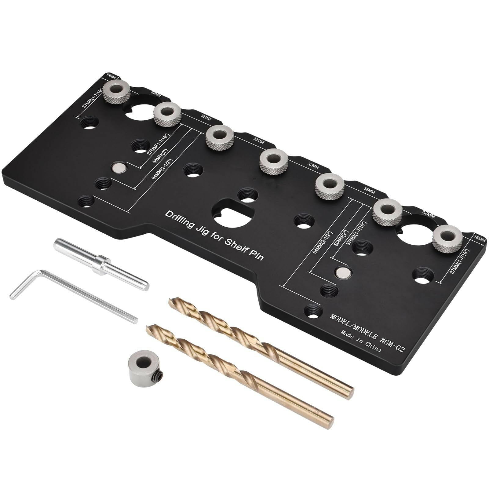 Adjustable Aluminum Alloy Cabinet Hardware Jig Shelf Pin Jig with 2 PCS 5mm Drill Bits Woodworking Pocket Hole Punch Locator Drill Guide