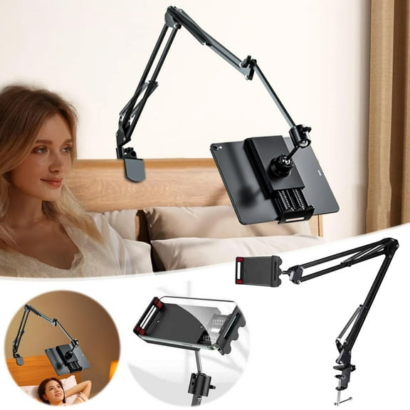 Adjustable Aluminum Bedside Phone Holder Stand with 360掳 Rotation for Mobile Phones and Tablets, Heavy-Duty Flexible Arm, Cable Management, 1.2kg Capacity, Multi-Angle Viewing for Bedroom, Office