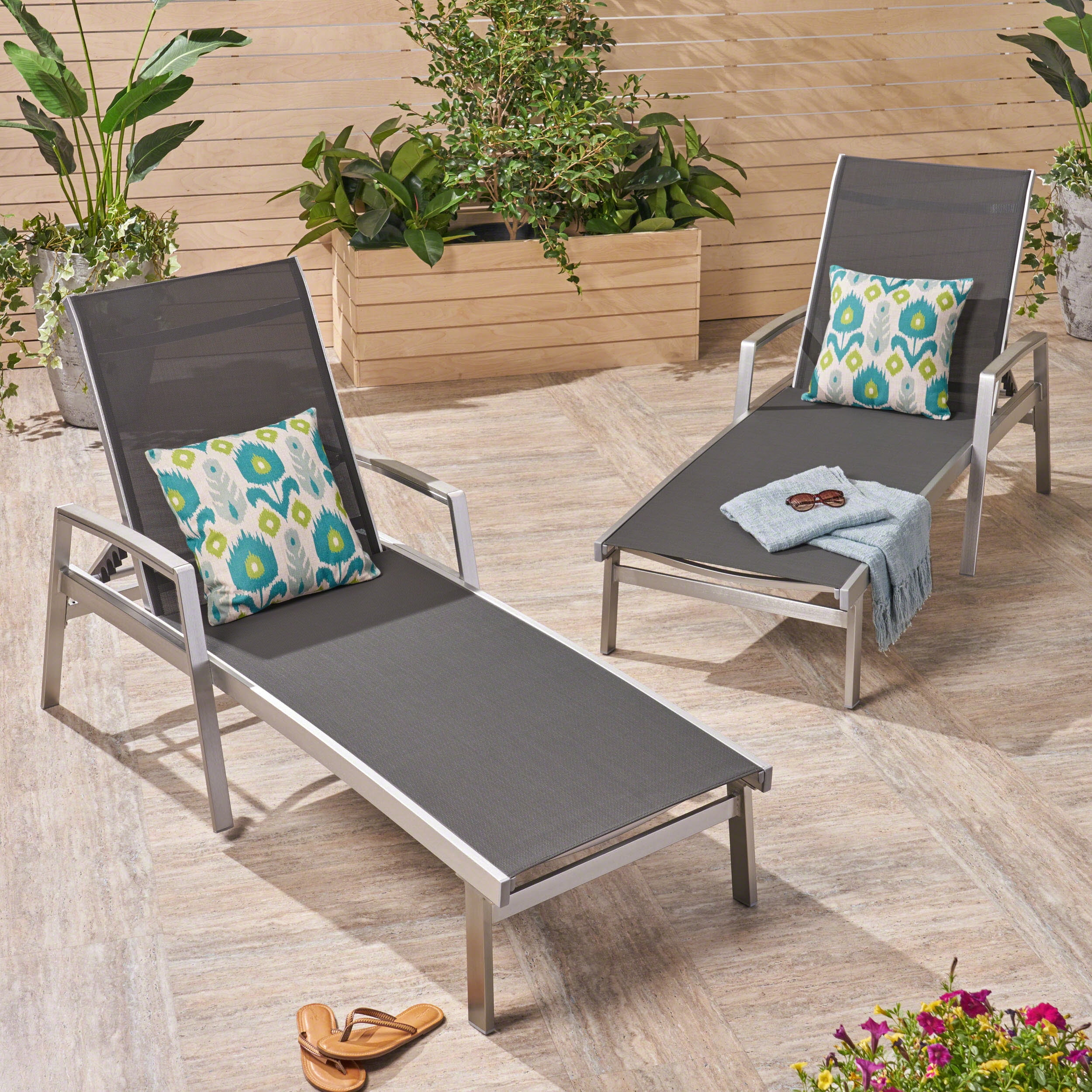Adjustable Aluminum Mesh Patio Chaise Lounges Set of 2 for Poolside Deck, Gray