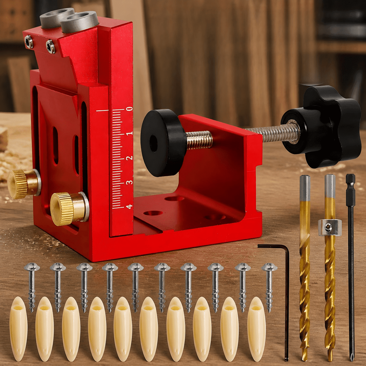 Wuxiuli Pocket Hole Jig Kit 24 Pieces, Adjustable Aluminum Pocket Hole Jig with Drill Bits and Driver, Woodworking Drill Set for DIY Furniture, Red