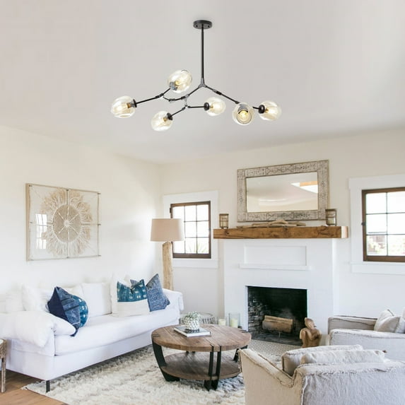 Adjustable Amber Glass Shades Chandelier Globes Pendant,6 Light